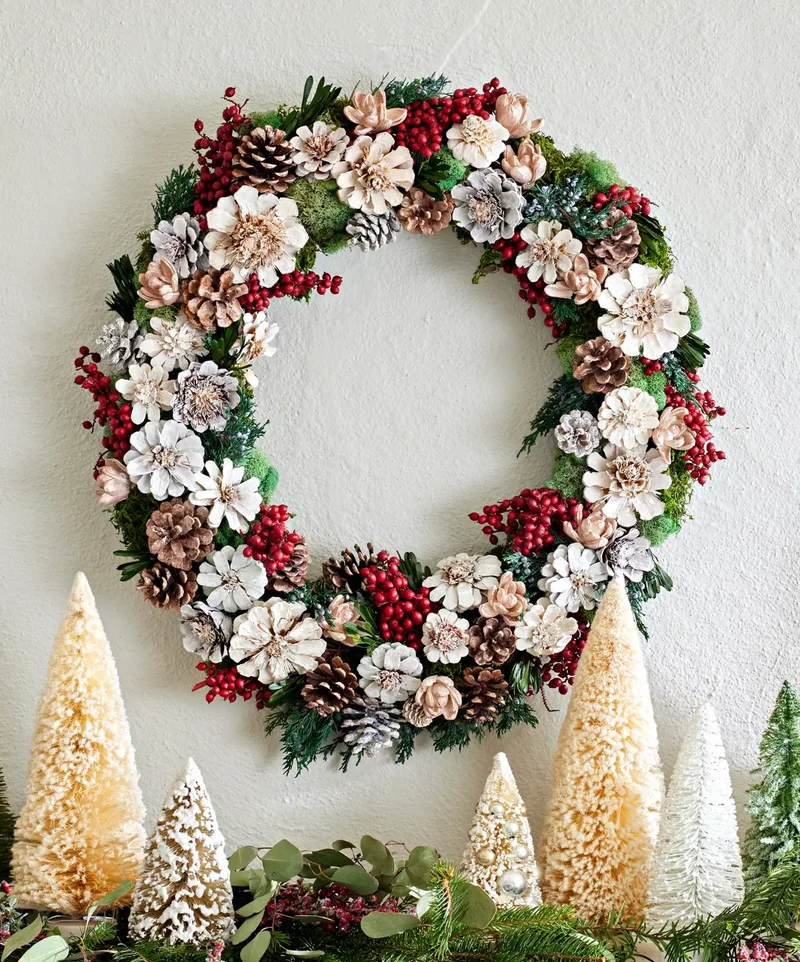 53 Stunning Christmas Mantel Decor Ideas for Your Home 11 Pinecones and Bottle Brush Trees