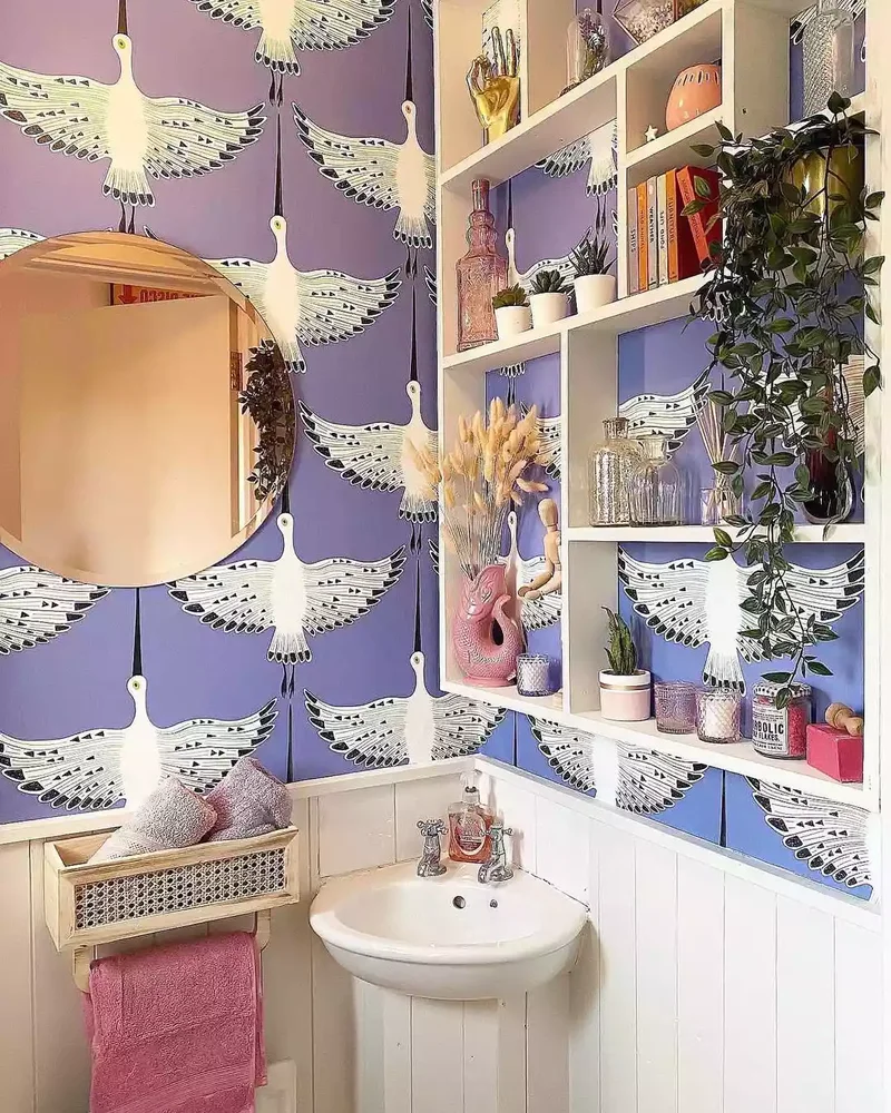 42 Beautiful Purple Bathroom Designs From Soft to Bold 14 Purple Art Deco Wallpaper