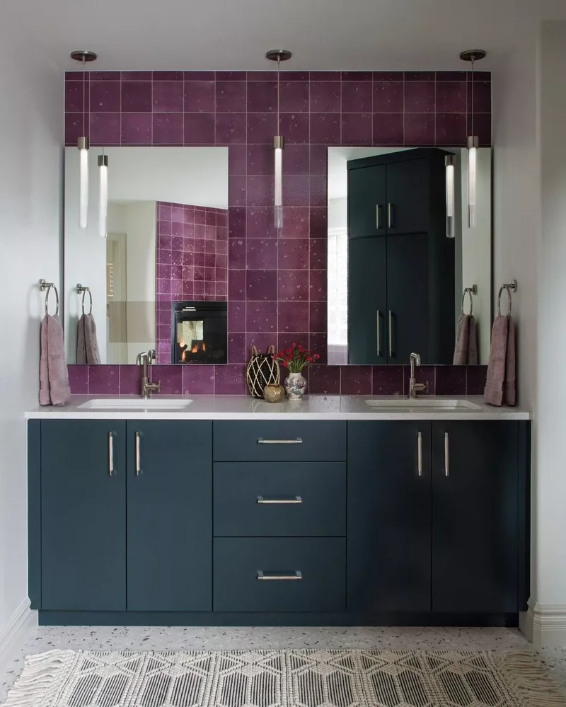42 Beautiful Purple Bathroom Designs From Soft to Bold 36 Purple Tile Accent Wall