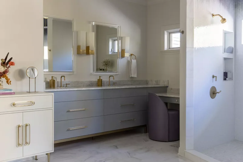 42 Beautiful Purple Bathroom Designs From Soft to Bold 15 Purple Vanity Chair