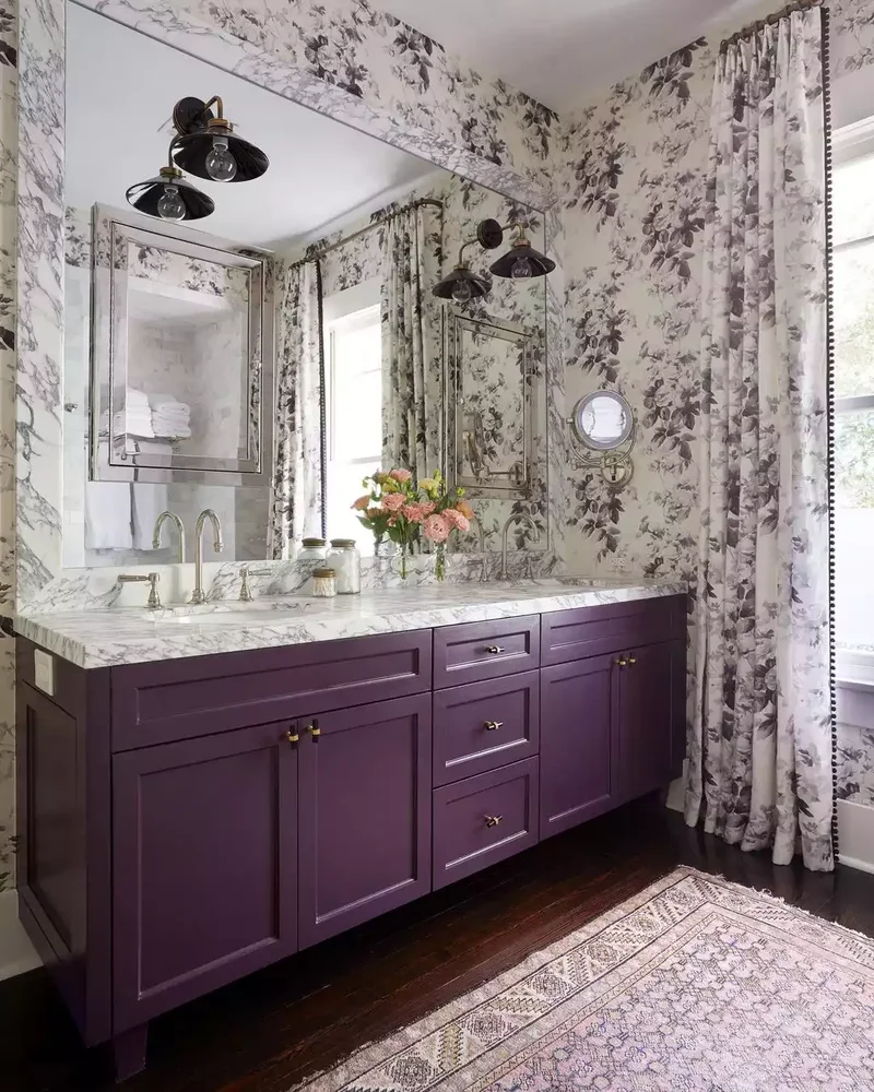 42 Beautiful Purple Bathroom Designs From Soft to Bold 10 Purple Vanity and Wallpaper