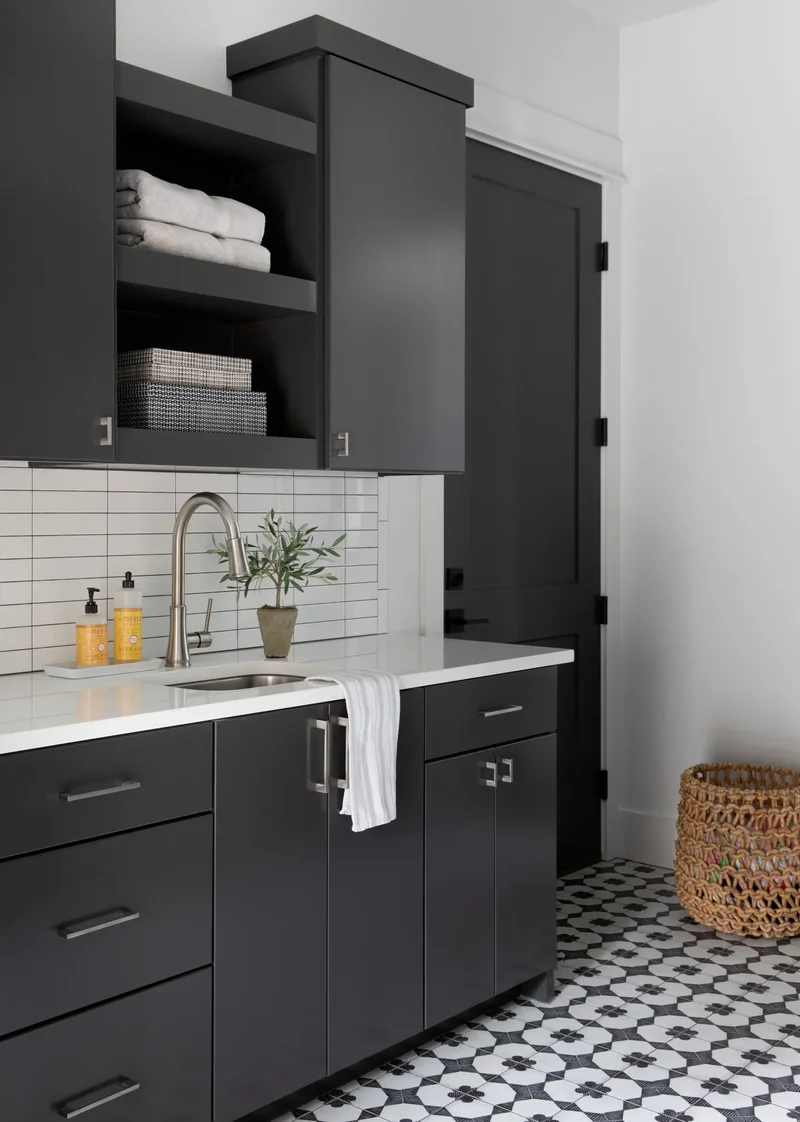 18 Smart Laundry Shelving Ideas to Maximize Small Spaces 6 Put Pretty Fabric Boxes to Work