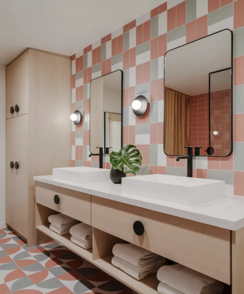 42 Vibrant Bathroom Color Ideas for Small Space Styling 21 Salmon and Gray