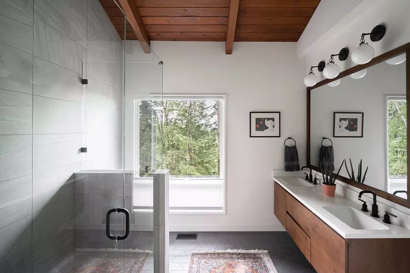 20 Stunning Wood Ceiling Design Ideas for Every Room 11 Select a Vanity That Matches the Ceiling Style