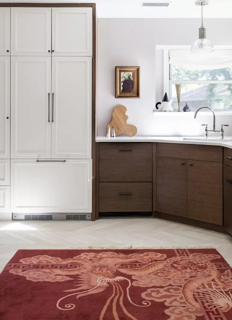 34 White & Wood Kitchen Designs That Feel Fresh and Timeless 4 Slab Wood and Shaker White Cabinets