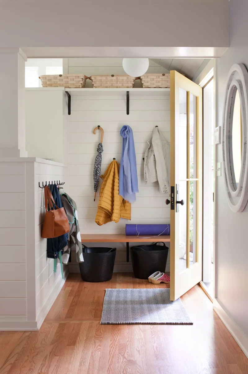 31 Compact Mudroom Ideas to Boost Style and Functionality 21 Small Mudroom with Open Shelving
