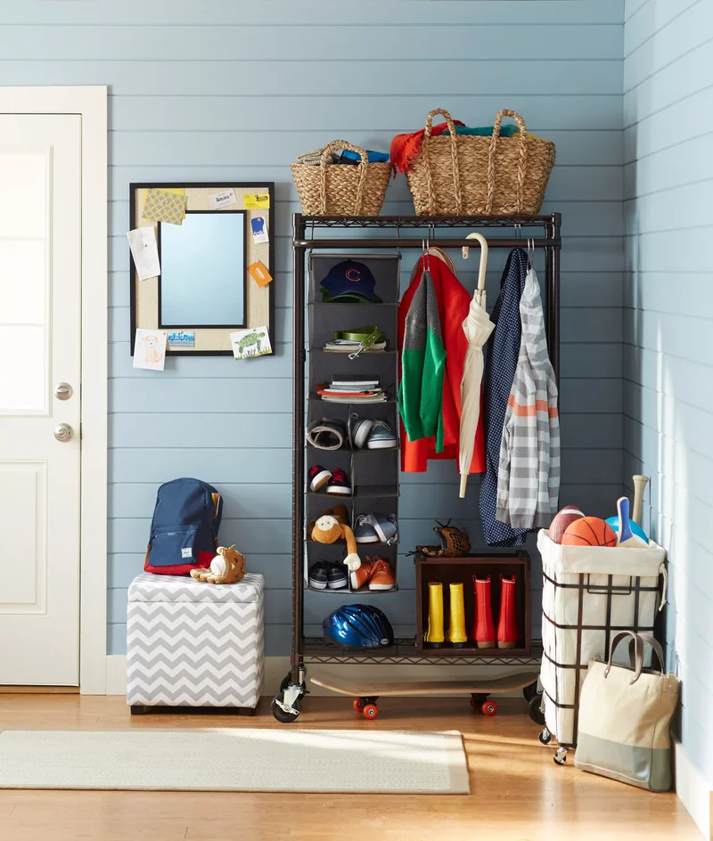 31 Compact Mudroom Ideas to Boost Style and Functionality 27 Small Mudroom with Rolling Storage