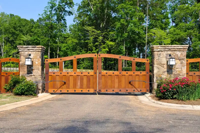Stone, Wood, and Metal Gate Driveway Entrance