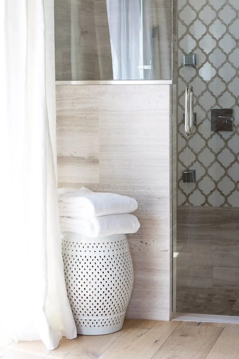 30 Neutral Bathroom Designs That Feel Timeless & Serene 7 Subtle Tile Patterned Neutral Bathroom