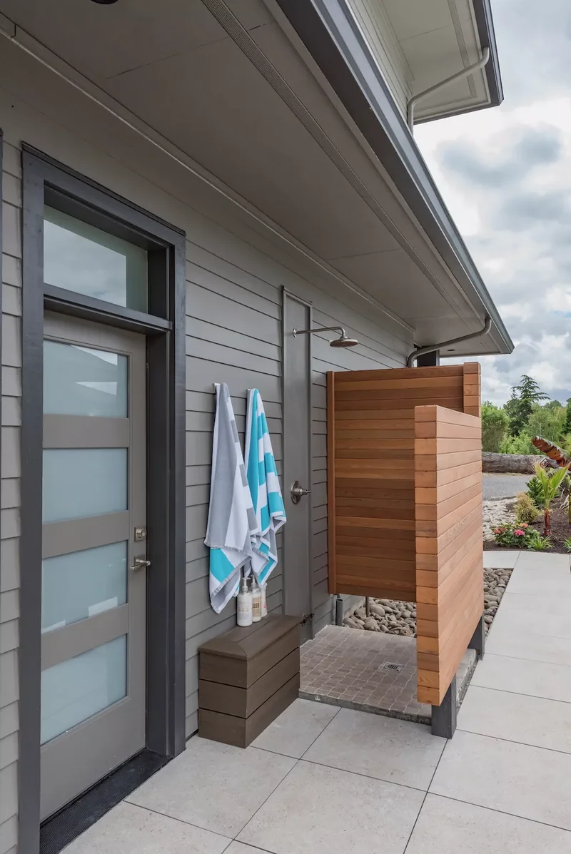 34 Beautiful Outdoor Shower Ideas for Backyards & Beach 31 Teak Wood Outdoor Shower