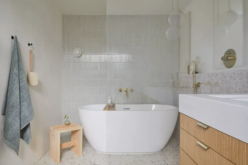 30 Neutral Bathroom Designs That Feel Timeless & Serene 11 Terrazzo Neutral Bathroom