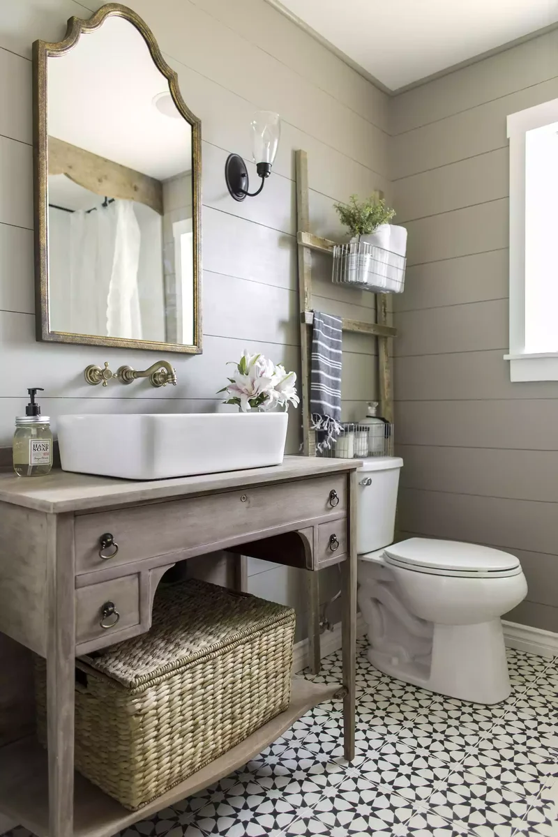 32 Modern Farmhouse Bathroom Designs That Never Go Out of Style 5 Try Taupe Walls