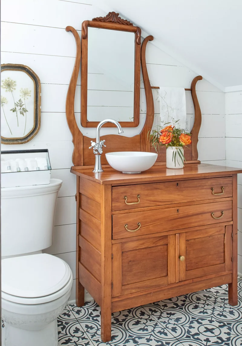 26 Inspiring Guest Bathroom Ideas to Welcome Your Visitors 6 Turn an Antique Dresser into a Vanity