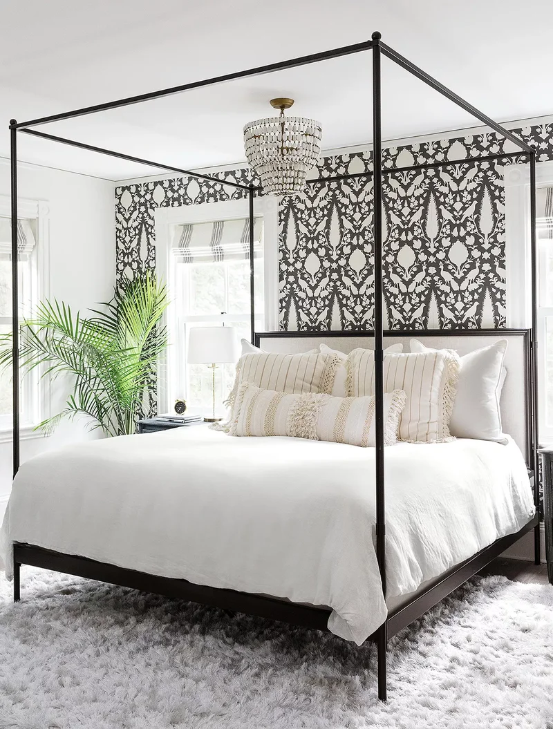 31 Sophisticated Black Bedroom Ideas for Your Dream Space 22 Use Black and White Wallpaper