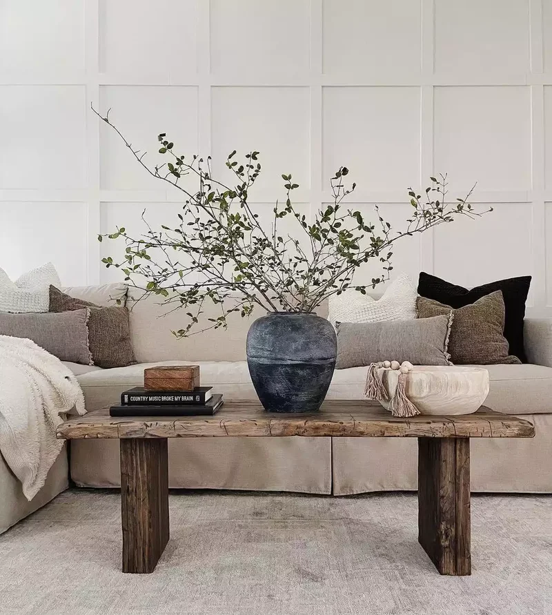 40 Cozy and Inviting Country Living Room Design Ideas 34 Use a Rustic Bench as a Coffee Table