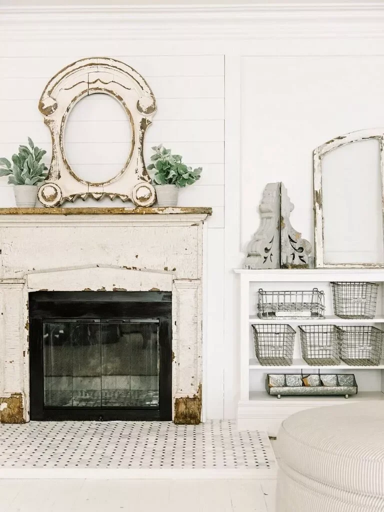 47 Shiplap Fireplace Designs for Every Style and Space 17 Vintage Farmhouse Mantel