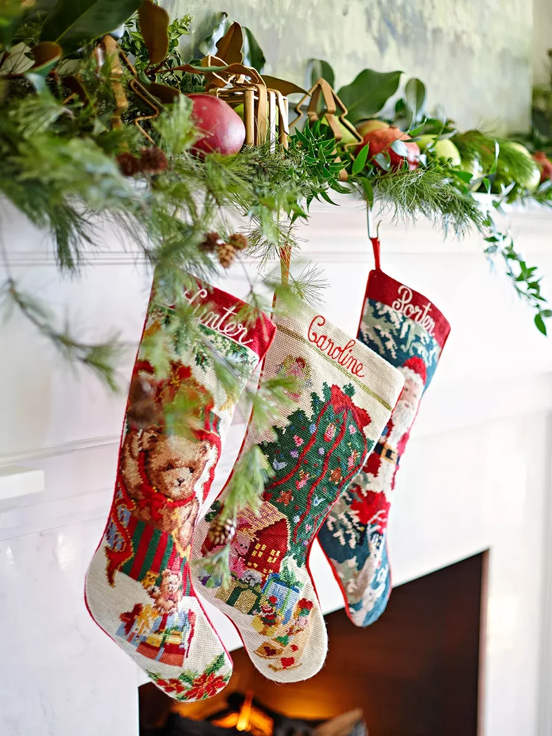 53 Stunning Christmas Mantel Decor Ideas for Your Home 1 Vintage Stockings