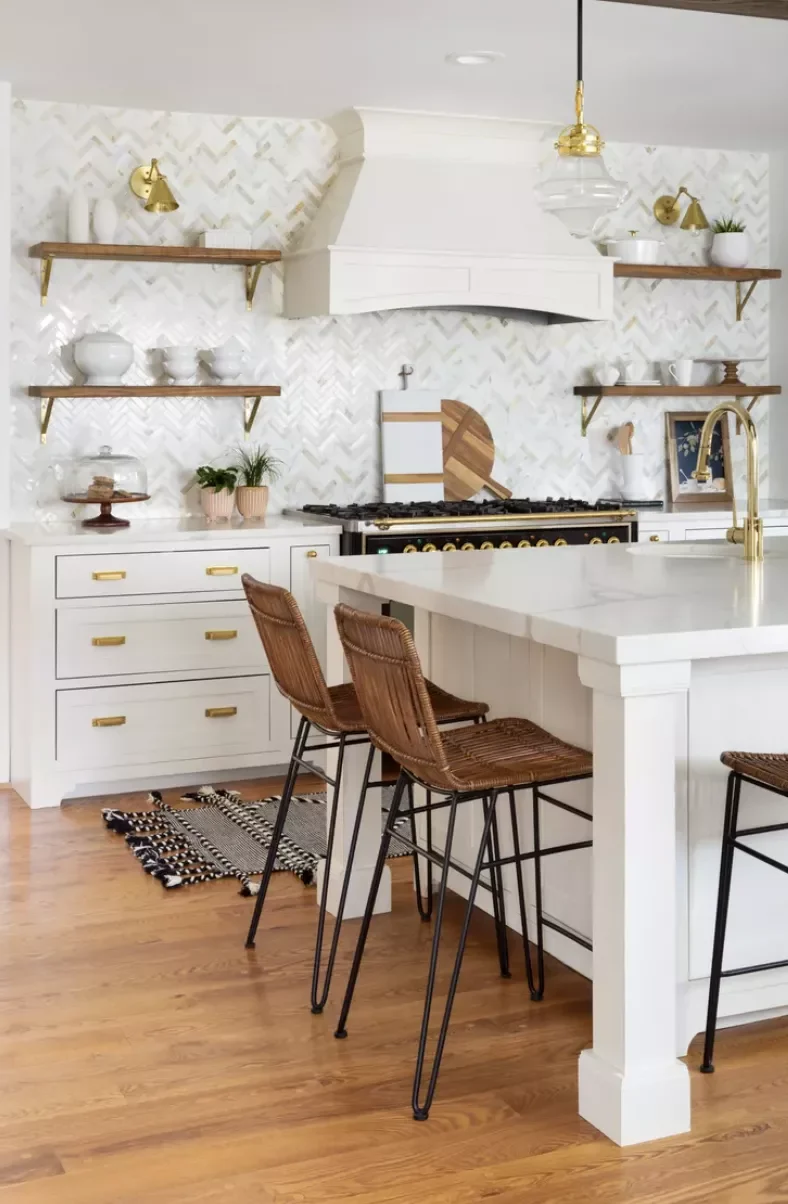 34 White & Wood Kitchen Designs That Feel Fresh and Timeless 26 White Chevron Island With Wood Floating Shelves