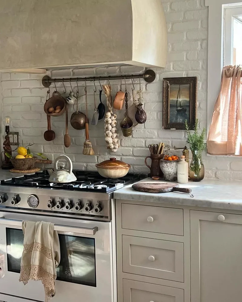 White Exposed Brick Farmhouse Kitchen