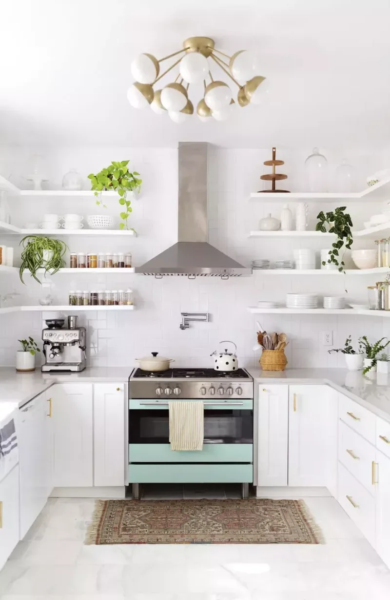 White and Gold Kitchen With Open Shelving