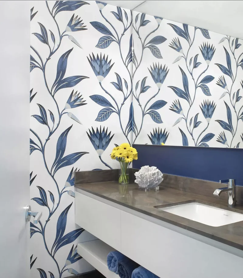 White and Navy Floral Wallpaper