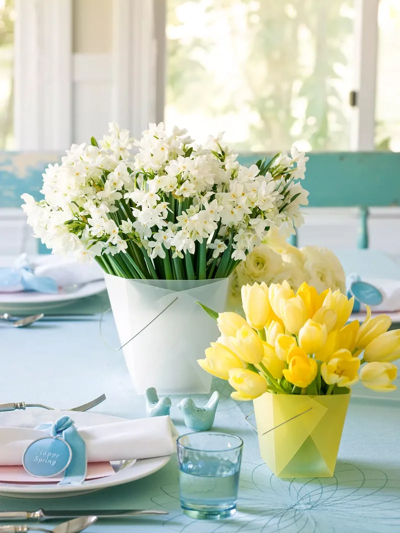 42 Easter Centerpiece Ideas and Table Decor for Spring 9 White and Yellow Floral Centerpieces