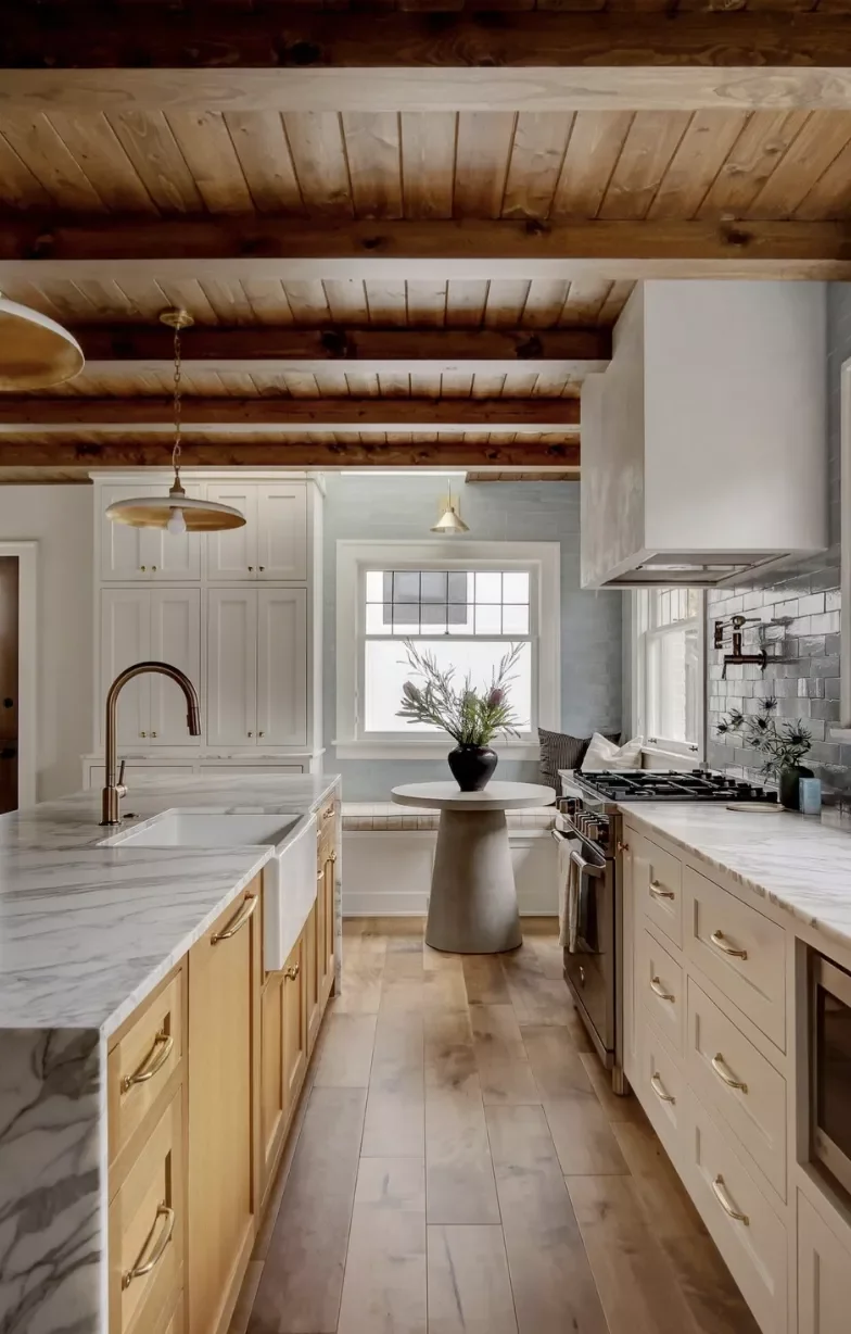 34 White & Wood Kitchen Designs That Feel Fresh and Timeless 28 Wood Ceiling With Two-Tone Cabinets