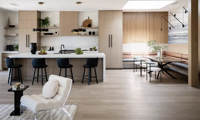 34 White & Wood Kitchen Designs That Feel Fresh and Timeless 1 Wood Fluting and White Countertops