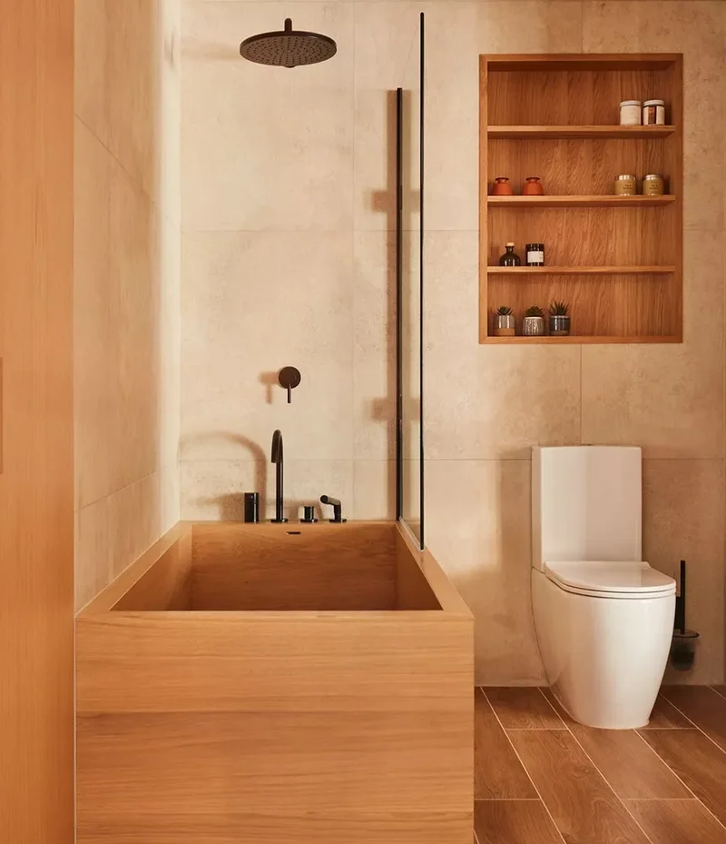30 Designer Tips for Creating a Japandi Bathroom Retreat 9 Wooden Bathtub